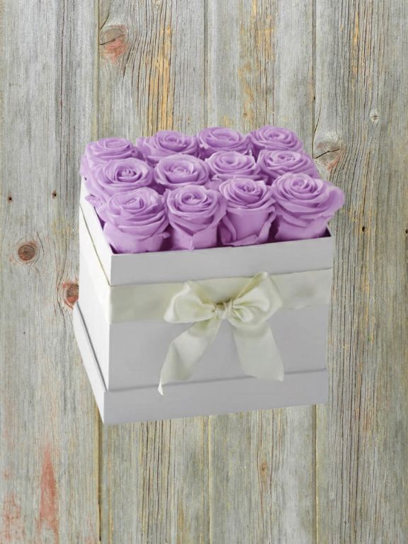 12 PRESERVED LAVENDER ROSE BLOOMS IN A BOX